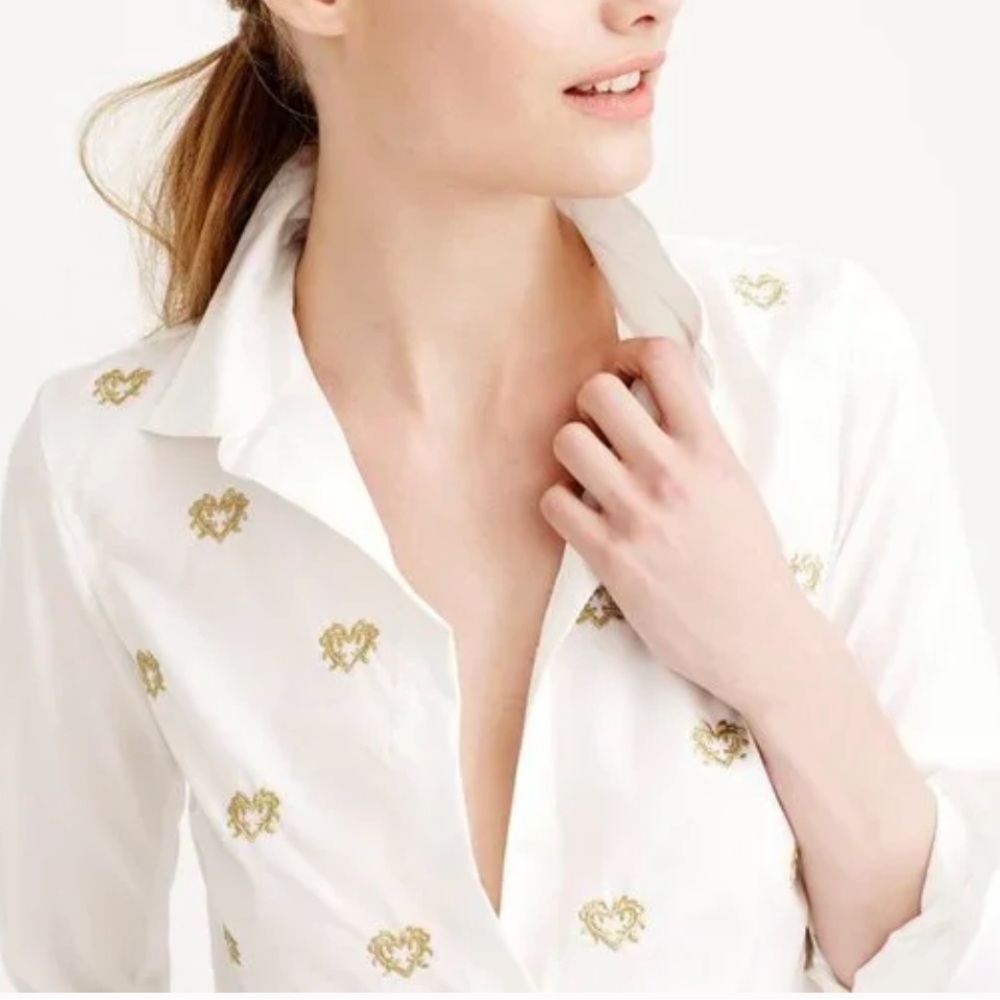 J. Crew White Button Down Shirt with embroidered bouillon hearts